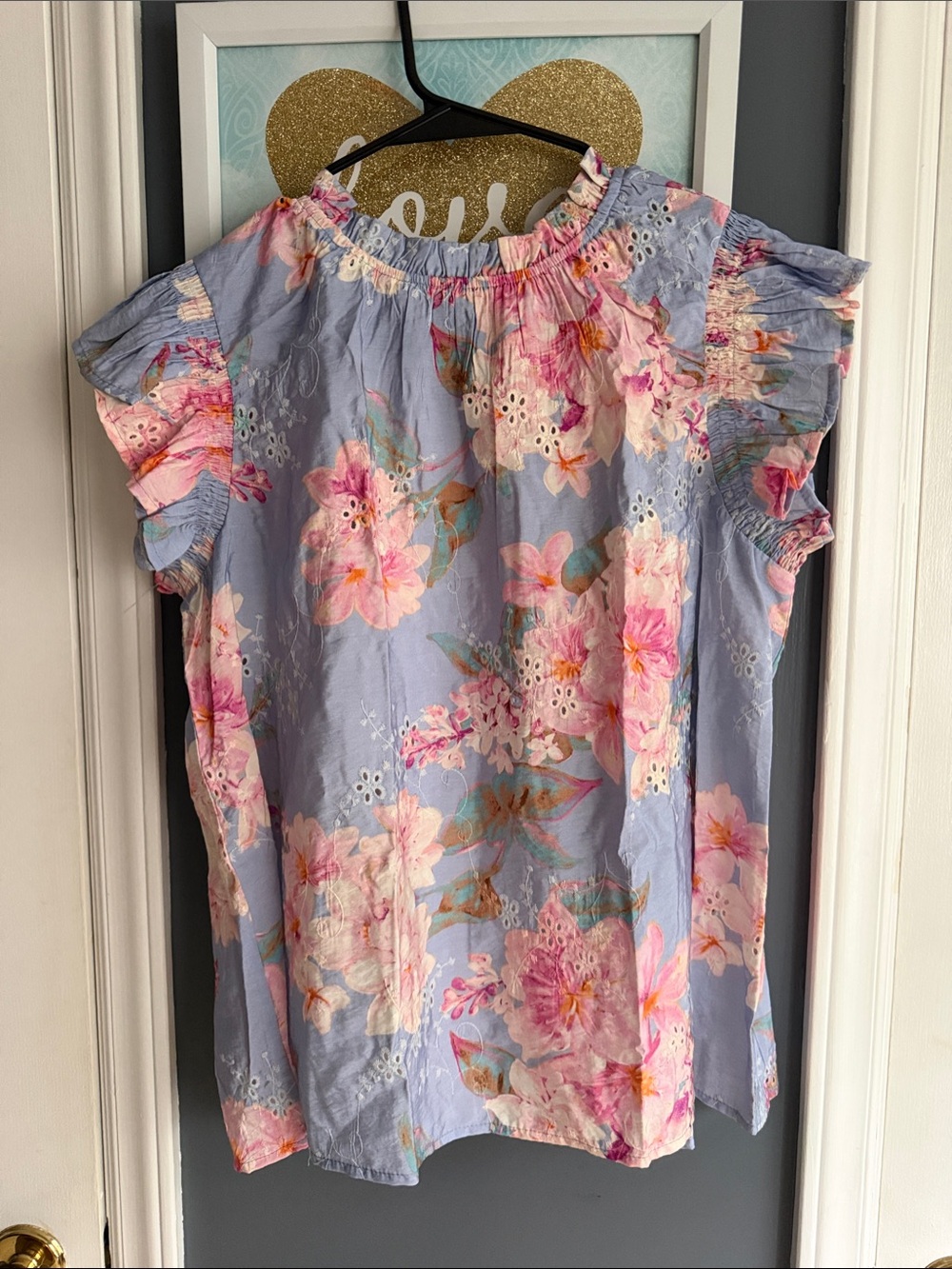 Light Blue Floral Ruffle-Sleeve Blouse $55